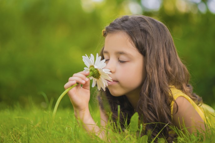 Little girl lying in the grass and smells a flower